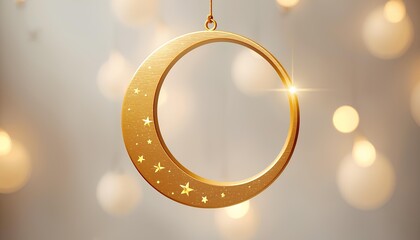 Golden crescent moon frame hanging with sparkling bokeh lights