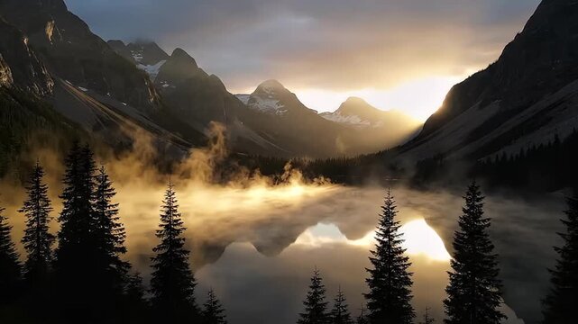 observing a tranquil mountain valley at sunrise with mist over a still lake