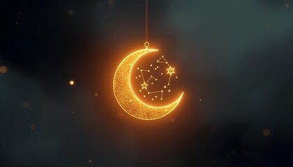 Glowing ornate crescent moon and constellation against dark background