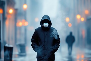 Person in hood and mask walking through foggy urban street with blue tones