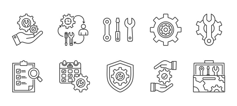  Maintenance and Repair icon set collection in outline style. Icon pack contain Maintenance, Repair, Wrench, Gear, Machine repair, Inspection, Service schedule, Preventive maintenance, 