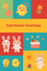 Fototapeta premium Cute Easter card design with bunny chick characters Colorful Easter greeting card in cute flat style Happy Easter card with animals eggs flowers illustration