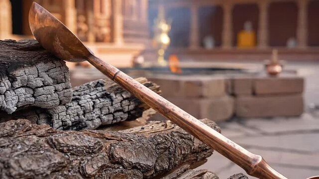 Ceremonial wooden spoon used for yajna fire rituals, celebrating maharishi dayanand saraswati jayanti.