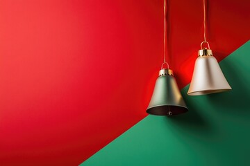 Obraz premium Elegant christmas bells hanging on vibrant red and green wall with dramatic shadows