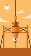Modern Flat Style Oil Extraction Industry Equipment Drilling Scene At Sunset