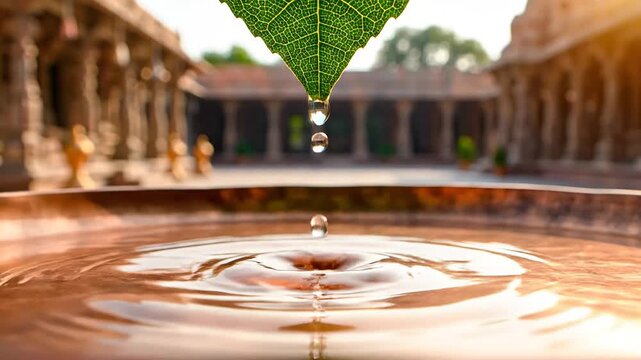 Spiritual water droplets falling from a sacred banyan leaf captured inside a serene indian temple complex during the golden hour.