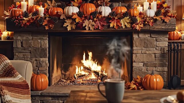 Cozy living room with a warm fireplace on a fall evening video