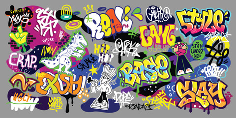 Obraz premium Graffiti street art lettering isolated vector elements , multicolored background