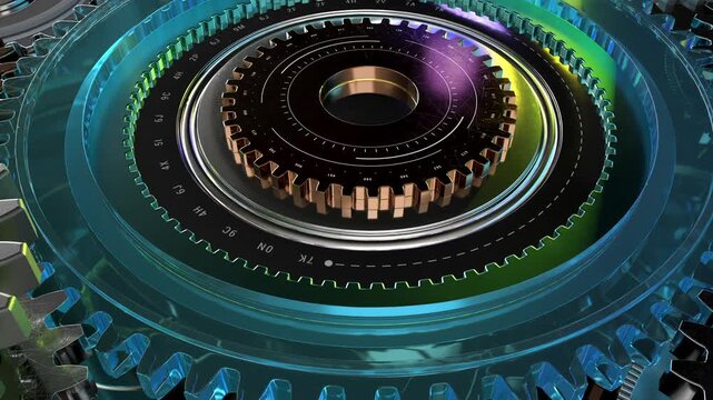 Cogwheel gear HUD User Interface circle Futuristic Sci Fi 2D elements motherboard in a machine rotating. UI Gears working in the machinery. Golden white glowing shining.