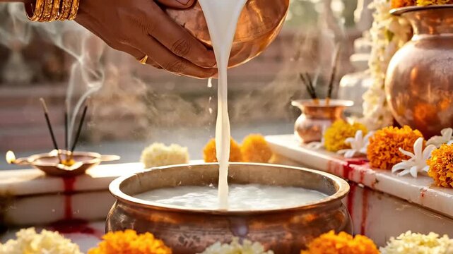 Devoted hands perform sacred milk offering abhishekam during the maharishi dayanand saraswati jayanti ritual.