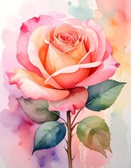 A blooming rose in pastel pink and peach hues, painted with soft watercolor strokes, accompanied by leafy greens