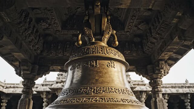 Massive bronze temple bell hangs beneath ornately carved stone ceilings celebrating hindu culture and devotion.