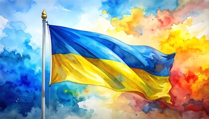 A blue and yellow flag on a pole, with a watercolor-like sky of blues, yellows, oranges, and reds