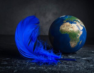 A blue feather rests beside a globe showing Africa against a dark textured background with soft lighting