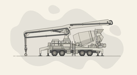 Fototapeta premium Modern Industrial Concrete Pump Truck Equipment Detailed Line Art Illustration Graphic