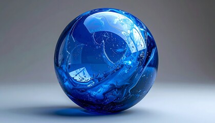 A blue glass sphere with swirling patterns resting on a neutral surface, reflecting light