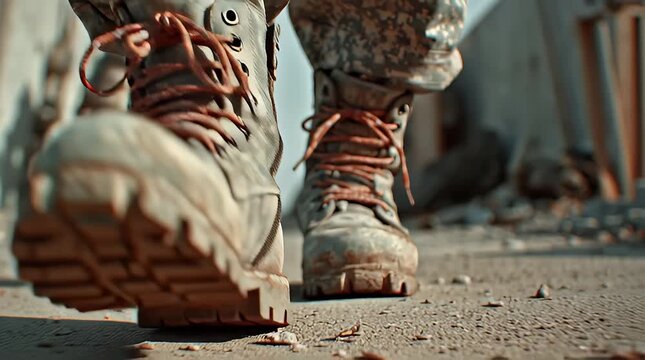 Close Up of Rugged Military Combat Boots in Cinematic Lighting, army walking.