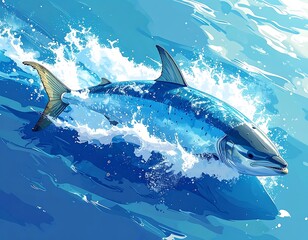 A blue marlin leaps from azure waves, splashes of white foam highlight the fish's sleek form against the bright water