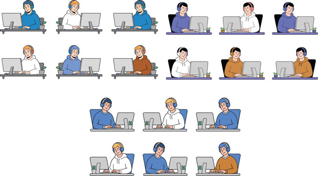 Flat vector illustration set of young men wearing headphones and working on desktop computers isolated on white background