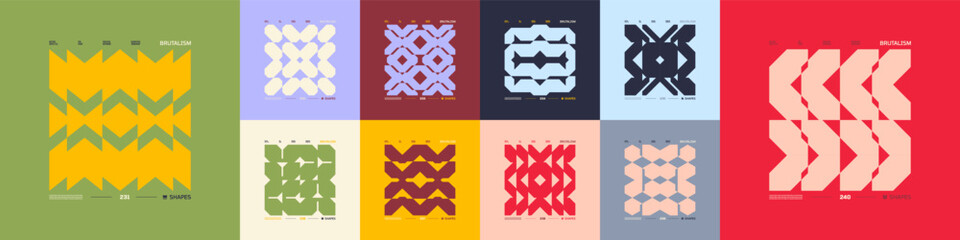 Postmodern tech geometric compositions in cyberpunk style, Futuristic assets brutal bold modern mosaic print design with abstract brutalism shapes, vector modernist ornament, Kit 24