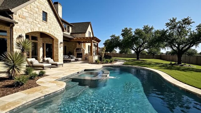 A serene backyard video showcasing a luxurious pool and beautiful house on a sunny day