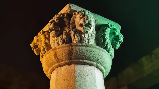 Lion Capital Ashoka Pillar replica symbol of India dramatic lighting