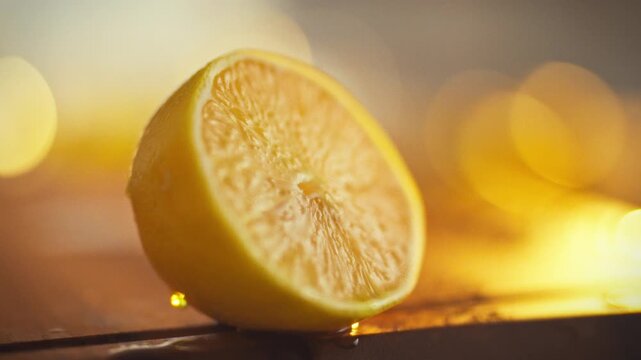 A freshly cut lemon half lies on a worn cutting board, releasing ultra-macro droplets of juice, revealing citrus pomace texture in a close-up, macro view, highlighting the granularity and juice flow