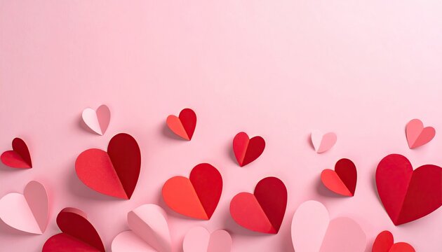 Assortment of red and pink paper hearts scattered on a pale pink background