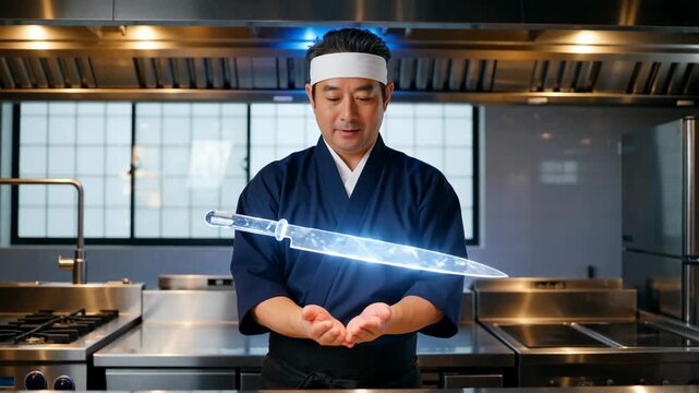 An engaged chef demonstrating skillful knife handling in a modern kitchen environment with dramatic lighting