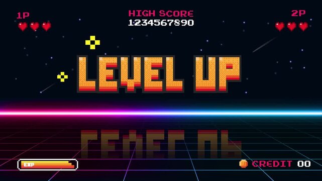 Level up screen. Retro pixel arcade machine 8 bit monitor vintage console 1980s.