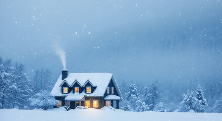 Naklejka premium Cozy Snow Covered House with Glowing Windows in Winter