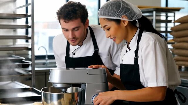 Two chefs engaged in collaborative baking in a modern kitchen, focusing on a stand mixer, showcasing teamwork and culinary creativity