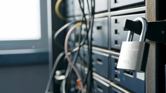Close-up of a gloved hand securing a padlock into a lock mechanism on a metal rack with electronic devices