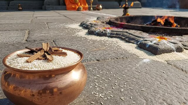 Traditional vedic havan ceremony elements including copper pot and sacred rice ready for the spiritual offering.