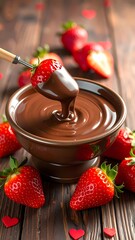 A bowl of chocolate fondue is surrounded by red strawberries on a wooden surface adorned with scattered red hearts