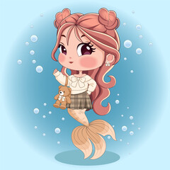 Cute Mermaid Girl with Teddy Bear &ndash; Cartoon Fantasy Character