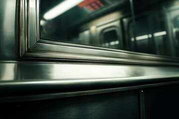 Obraz premium Subway train interior reflection urban metro station photography industrial environment close-up perspective urban exploration concept