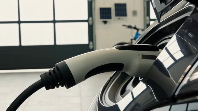 Close-up of a hand connecting a charging cable to an electric vehicle in a modern garage setting with natural light