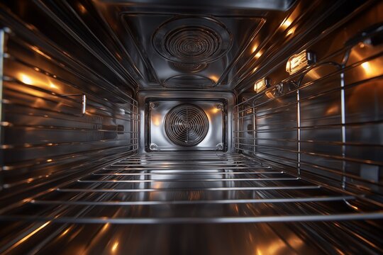 Kitchen appliance maintenance inside a stainless steel oven cleanliness focus home environment close-up view culinary concept