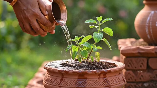 Hands pour sacred water onto a vibrant tulsi plant symbolizing hindu devotion during maharishi saraswati jayanti.
