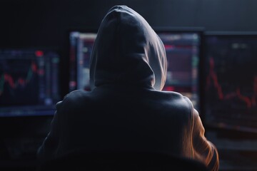 Hacker monitoring financial markets home office digital art dark environment over-the-shoulder view cybersecurity concept