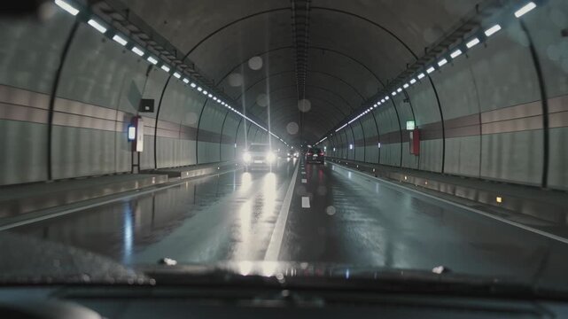 Car driving through a wet illuminated tunnel with reflections of lights and oncoming traffic in a sequence