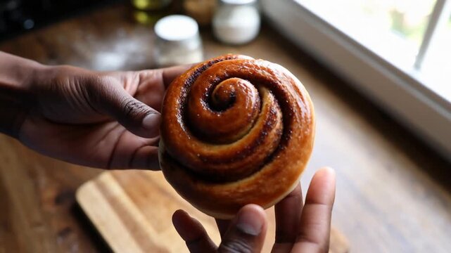 Close-up of a person holding a freshly baked cinnamon roll with a beautiful spiral design against a kitchen backdrop