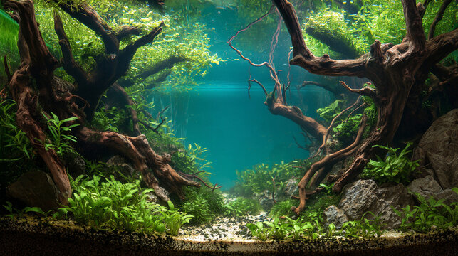 Magnificent underwater aquascape with driftwood and lush green plants
