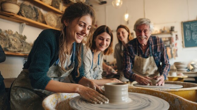 Education training class. Knowledge learning improvement study. A group of people skillfully crafting pottery on a potters wheel in a pottery studio.