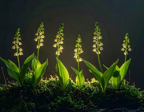 Sylwetki wiosennych roślin, konwalii podświetlone od tyłu światłem słonecznym rosną w lesie otoczone mchem