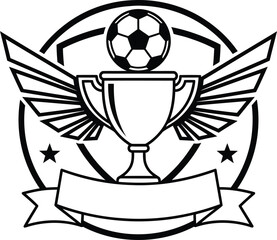 Soccer championship trophy logo template with wings and blank ribbon banner