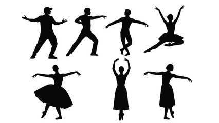 Obraz premium lack and White Dance Silhouette Vector Set Featuring Professional Ballet Dancers, Contemporary Performers, and Artistic Poses for Creative Theater Design Concepts