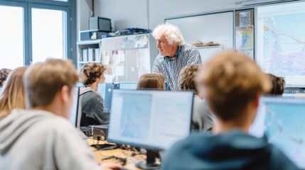 Obraz premium Education training class. Knowledge learning improvement study. A group of people sitting at desks in front of computers, with a man standing in the center. On the desks are monitors, keyboards.