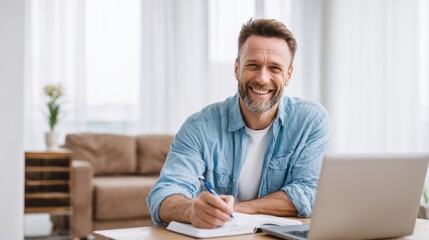 Fototapeta premium Education training class. Knowledge learning improvement study. A man seated at a table, smiling while writing in a notebook with a pen. He is surrounded by a laptop, a book, a sofa, a flower vase.